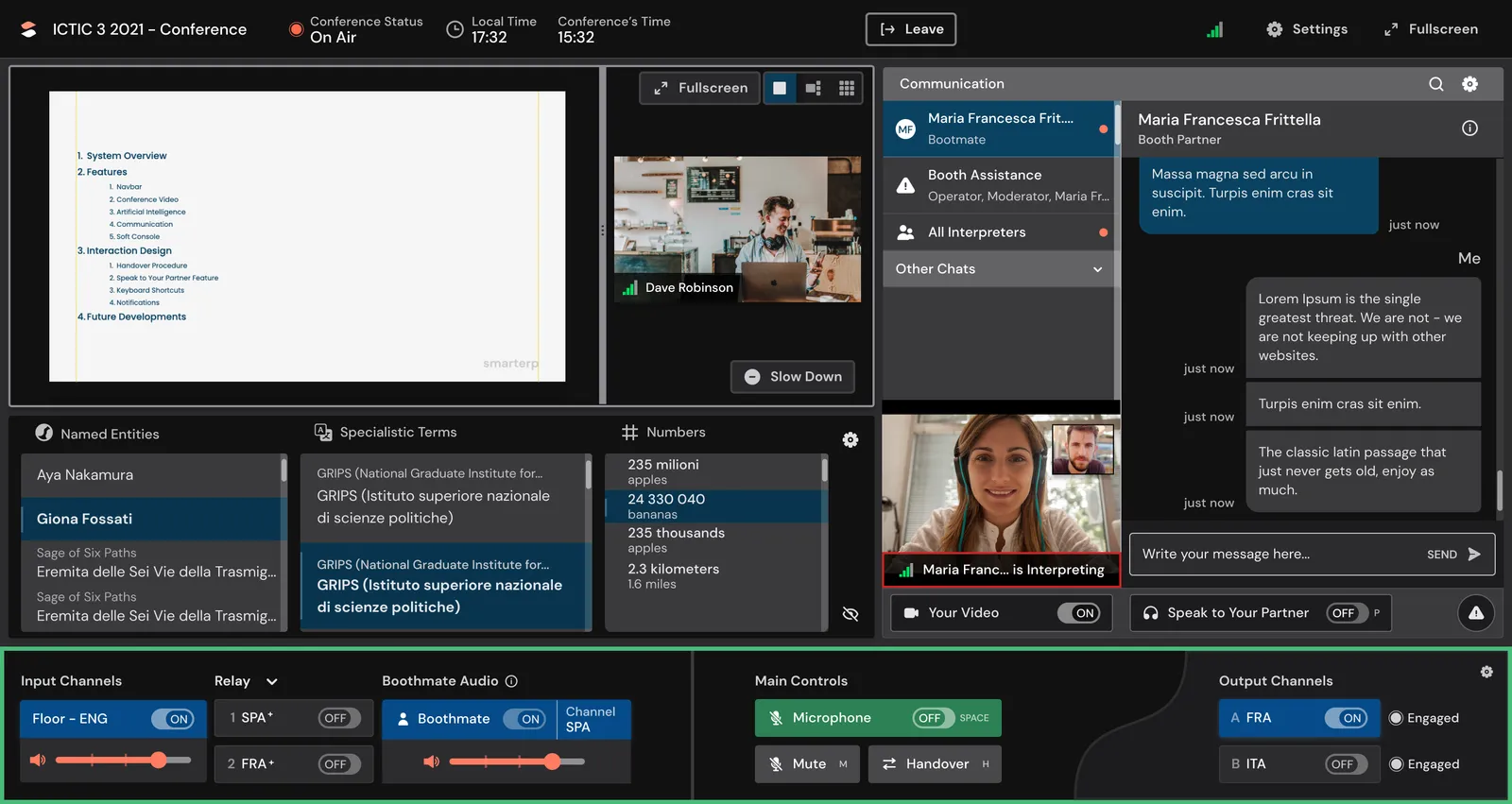SmarTerp’s interface for remote interpreters: the conference, live term suggestions, the chat and the soft console in one screen.