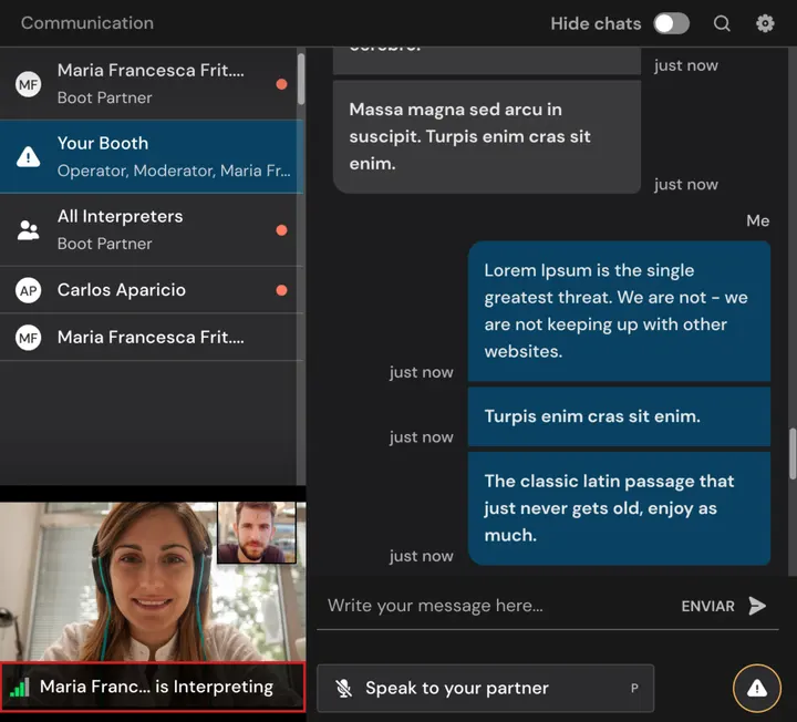 The communication module: the chat list with Booth Assistance and the boothmate, a private video of the boothmate and the message field.