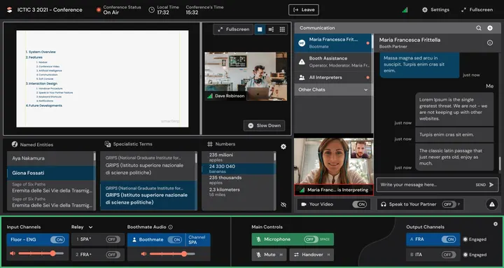 The redesigned interpreter interface: the speaker’s video and slides, a communication panel, live term suggestions and the soft console along the bottom.