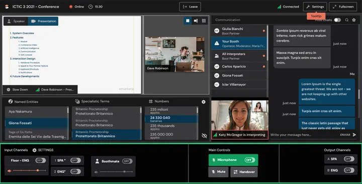 The prototype used in the tests, showing a live conference with term suggestions, the chat and the console.